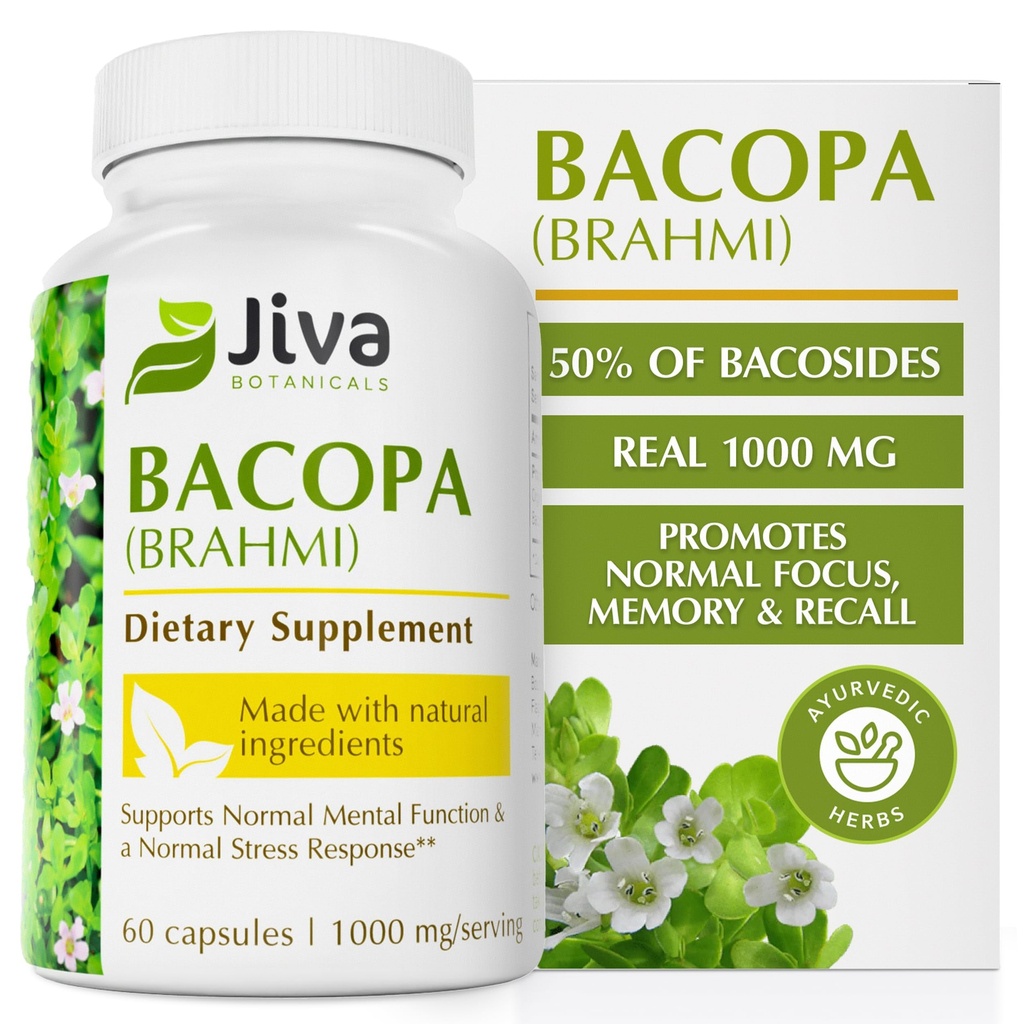 Jiva Botānika Bacopa Monnieri Papildinājums Tīrs 1000mg uz vienu Kalpotāju - Augsta potence Bacopa Monnieri (Brahmi) & ekstrakts Normal smadzeņu, Focus, & Memory Support - Ayurvedic Herbs - 60 kapsulas