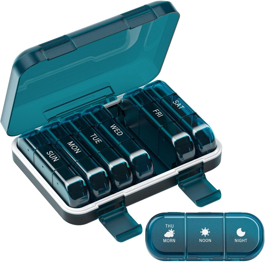 Nedēļas plātņu organizators 3 reizes dienā, 7 Day Portable Pill kaste tabletes, vitamīni, zivju eļļa, zāles, papildinājumi (3x7 Blue)