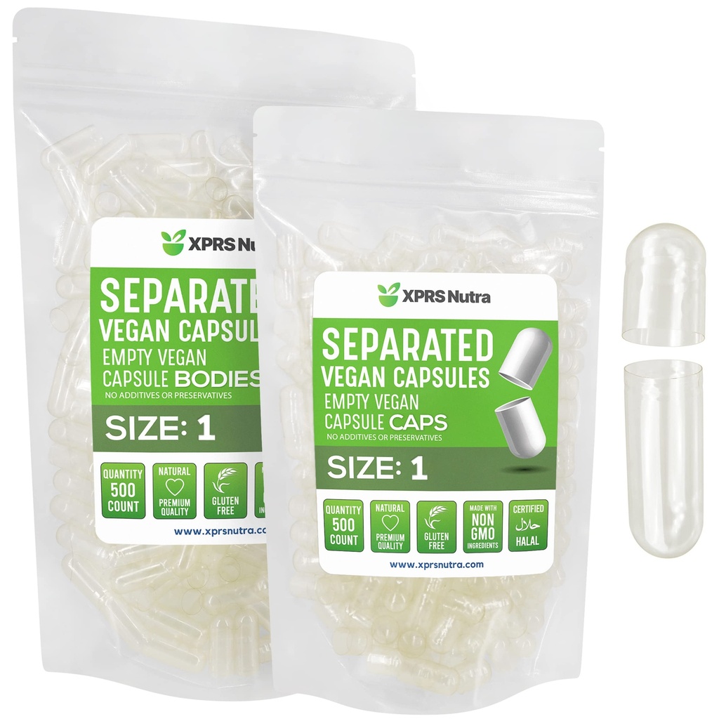 XPRS Nutra Vegan Izmērs 1 Atsevišķas kapsulas - 500 Skaitīt Tukšās kapsulas, kas atdalītas maisos - Skaidras tabletes 1 Tukšas DIY papildināšanai