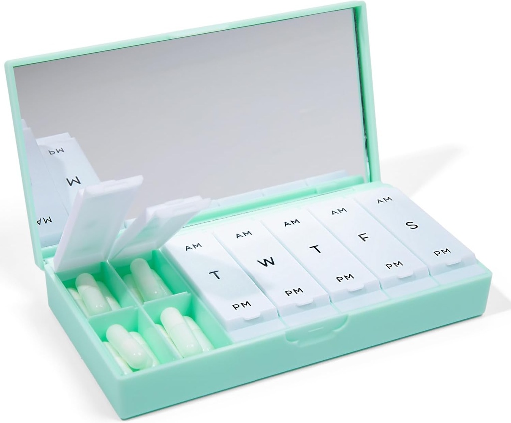 PORT X POLISH Dizaineris Weekly Pill Box organizators (AM/PM 2X Daily, piparmētra)     - Compact, Stylish 7-Day Vitamīnu Papildinājums Case -Cute Portable Mini Travel Medicine Carrier - BPA-free Pillbox Caddy