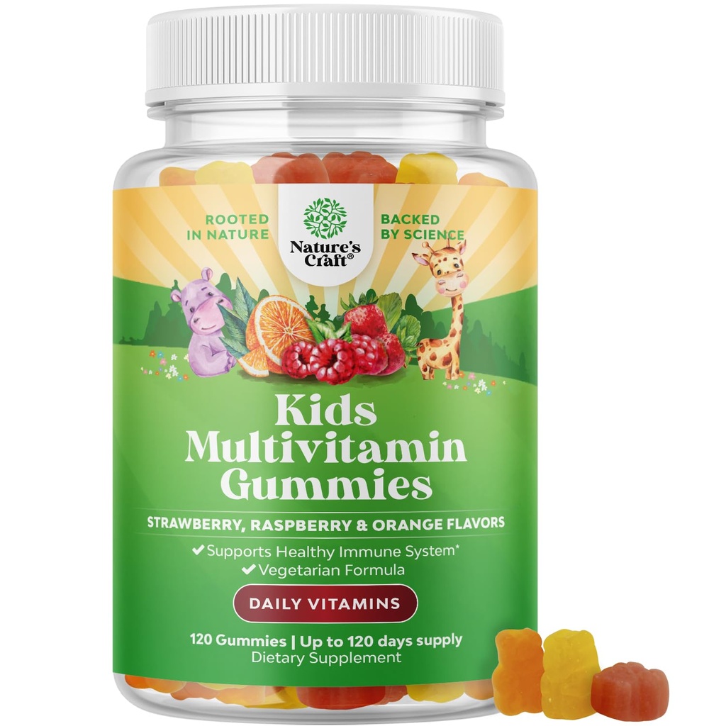 Dabas Craft Plant Based Kids Multivitamīnu Gumijas - Multivitamīnu bērniem Immunity Atbalsts Gumijas ar vitamīniem A C D3 E B un Cinka Želatīns un bez lipekļa Ne-GMO Vitamīni Gummy Formula 120ct