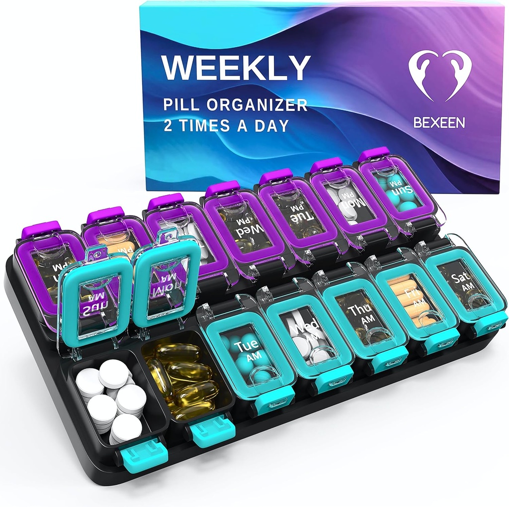Extra Large Weekly Pill organizators 2 reizes Diena - Gaisa necaurlaidīgs Pill kaste 7 Diena - Am Pm Vitamīnu Case - Medicīna Konteiners Divu nedēļu papildinājums turētājs Ikdienas zāļu glabāšana Divas reizes Med XL Green/Purple