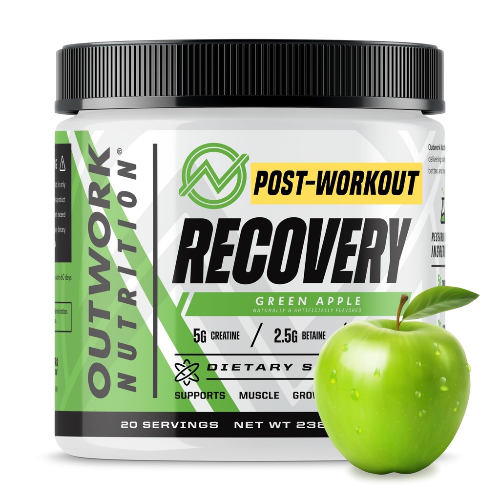 Outwork Nutrition Post Workout Recovery Powder - kreatīnmonohidrāts, KSM-66 Ashwagandha & Tart Cherry - ātruma atgūšana, Eases Soreness - kreatīnpulveris vīriešiem un sievietēm, Green Apple, 240 Gr