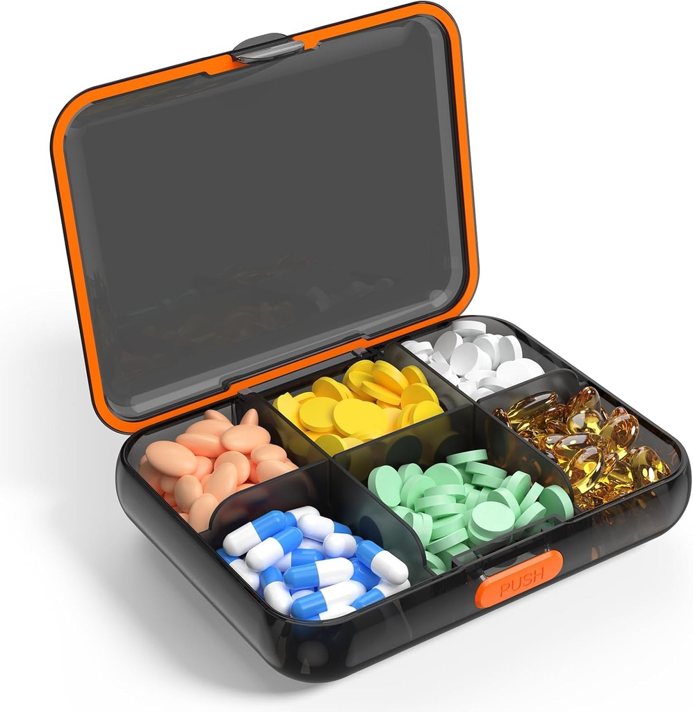 Liels Travel Pill Organizators Pārnēsājams Dispenser Mitruma pretnoturīgs Pill Case Vitamīniem Medikamenti Zivju eļļas papildinājumi 6 Iedalījuma Pill Box Noņemamo Dividers (Melns)