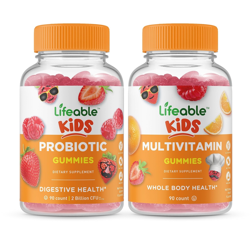 Dzīvojams Probiotikas 2 miljardi KVV Kids + Multivitamīnu Kids, Gumijas Bundle - Great Tasting, Vitamīnu Papildinājums, Bez lipekļa, Bez ĢMO, Košļājamā gumija