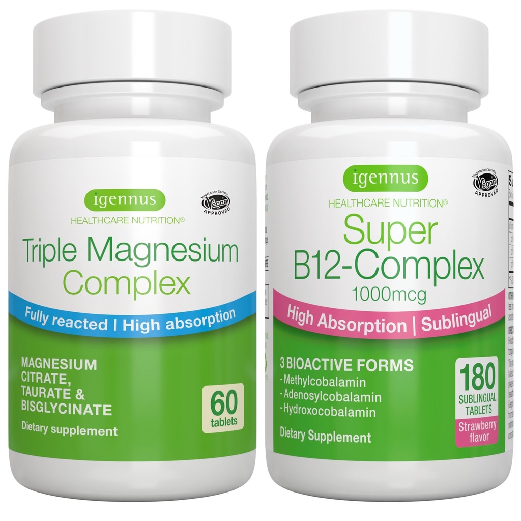 Trīskāršs magnija komplekss + Super B12-Kompleksa enerģijas paka, augsta absorbcija Glicināts, Taurāts un citrāts Magnijs + augsta absorbcija Sublingual B12, Vegan, ko Igennus