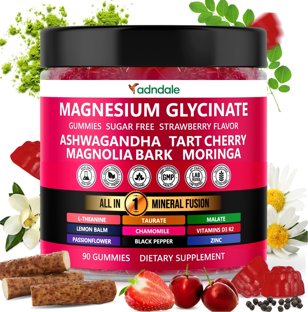 Adndale 90ct 15-in-1 Magnijs Glicerīns Gumijas 400 mg/serv- ar magnija malātu, Ašvagandu, Tartu Ķiršu, Magnolijas miecvielu, citronu balzamu, Passionflower, kumelītēm, L-teanīnu, cinku, vitamīnu K2 & D3