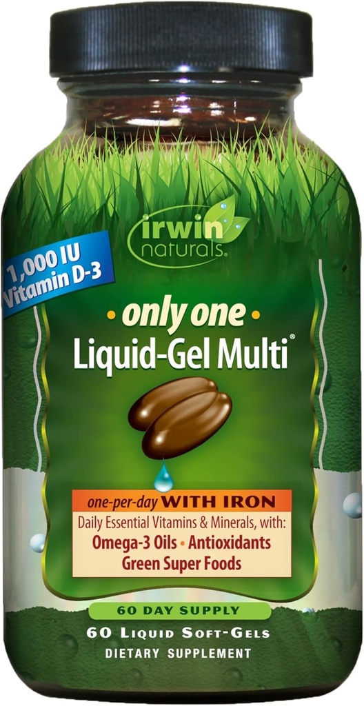 Irwin Naturals Tikai viens šķidrums-zelts Multi - 60 softgeli - Vienas dienas multivitamīns ar dzelzi, Omega-3 eļļas, antioksidanti un zaļā Super Foods