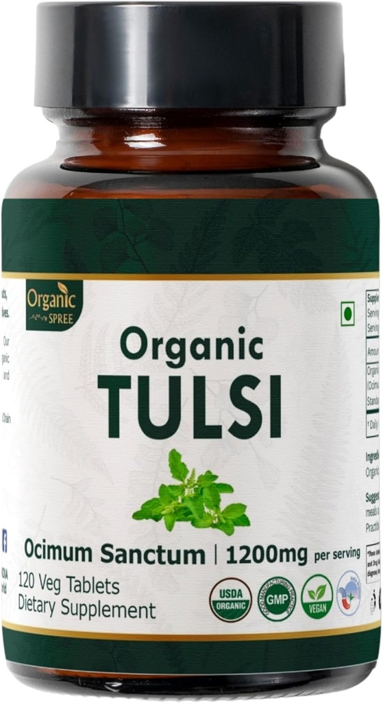 Tulsi 120 tabletes – USDA Organic Holy Basil – Atbalsta Stress Relief & Adaptogenic Līdzsvarots - Diētiskā papildinājums120tab
