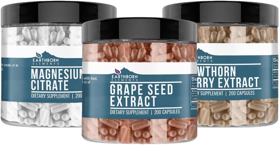 Earthborn Elements Hawthorn Berry, Vīnogu sēkla, & Magnija citrāts Bundle (200 vāciņi), Tīrs un neatšķaidīts, Bez piedevām