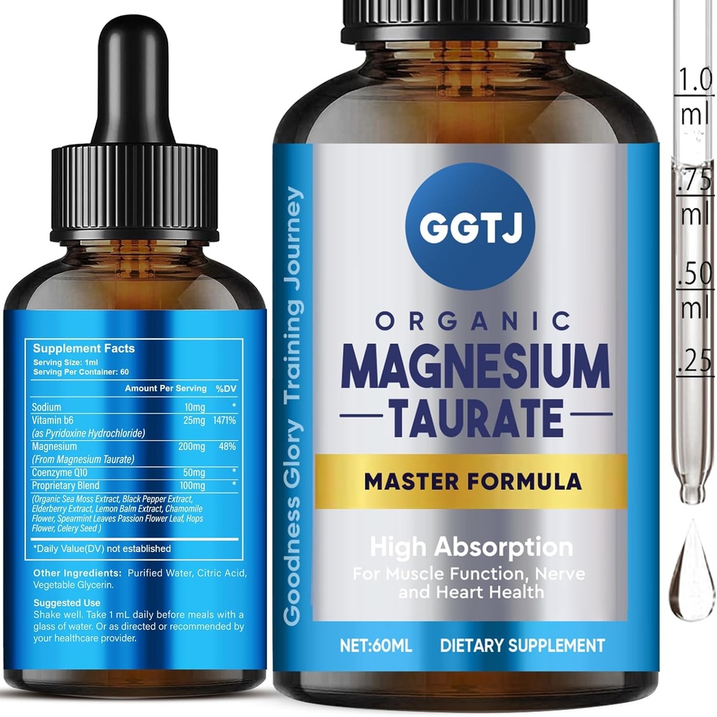 Magnija Taurāts, magnija Taurāta šķidruma piliens, augsta absorbcija Magnija papildinājums sirds un asinsvadu veselībai, muskuļu un nervu funkcija, 2oz