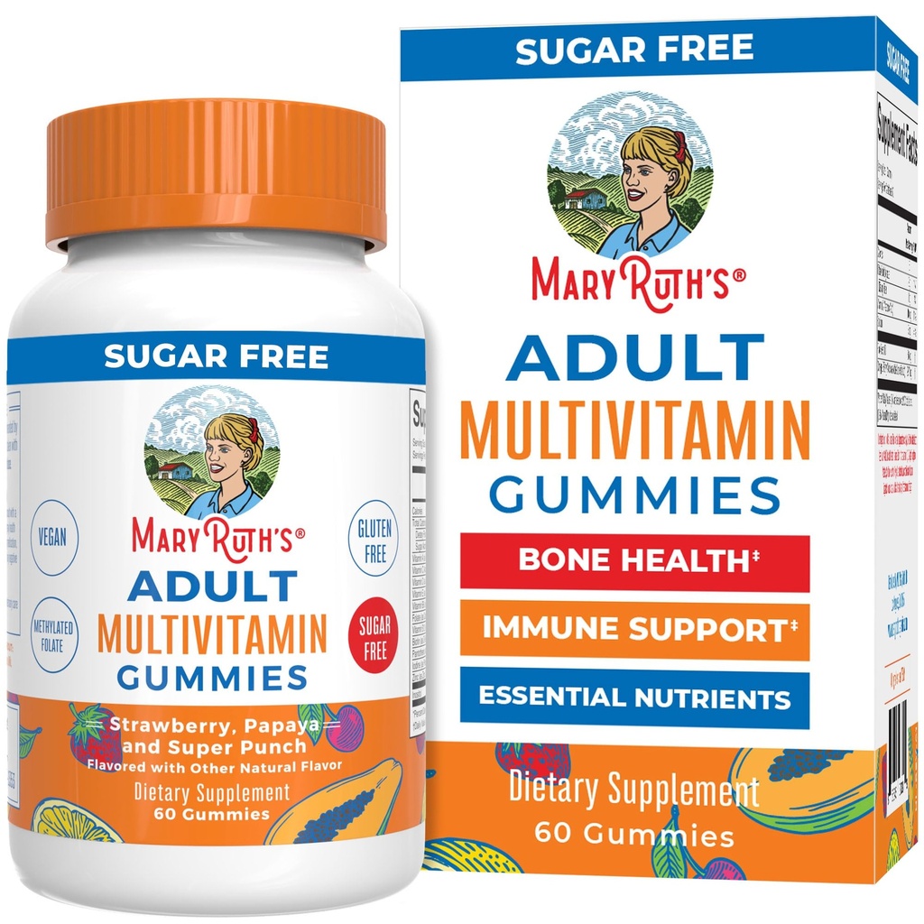 MaryRuth Organics Multivitamīni sievietēm un vīriešiem; bez cukura; pieaugušo daudzminerālu gumija ar C vitamīnu; D un E; B Vitamīni; Cinks; Biotīns; Vegans; Bez GMO; 60 Skaits