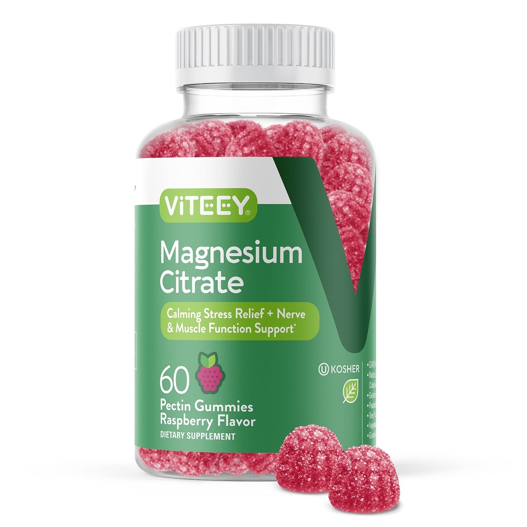 VITEEY Magnija Gumijas pieaugušajiem - 66mg magnija citrāta gumiju mierīgs, miega, nervu un muskuļu funkcijas atbalsts - Veģetārs, bez lipekļa - 60 Skaits