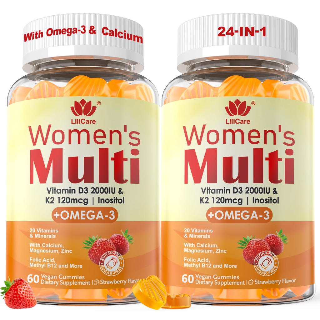 Sievietes Multivitamīnu gumija ar omega 3(DHA/EPA), D3 vitamīns K2, kalcijs, inozitols, ikdienas Sievietes A C E B vitamīna komplekss, L-metilfolāts, Metil-B12, Cugars bez metilētiem multivitamīniem Minerālvielas, 120Cts