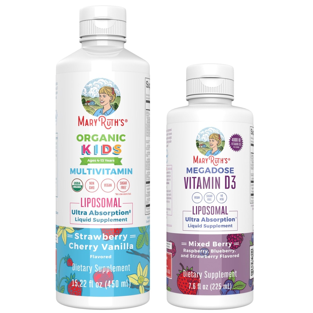 MaryRuth Organics Kids Multivitamīnu Liposomālā (Zemeņu ķiršu un vaniļas) & Vitamīns D3 Liposomālā (Mixed Berry) Tīra etiķete Projekts Verified® Vitamīni Immunity & Overall Wellness, Vegan, Non-GMO