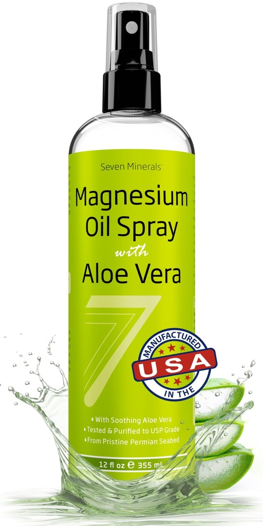 Septiņi minerāli Pure magnija eļļas smidzināšana ar Aloe Vera 12oz - Farmaceitiskā (USP) pakāpe, Augstākā stiprums ar tūlītēju atvieglojumu kālija, miega, muskuļu sāpes un krampji - Mined ASV