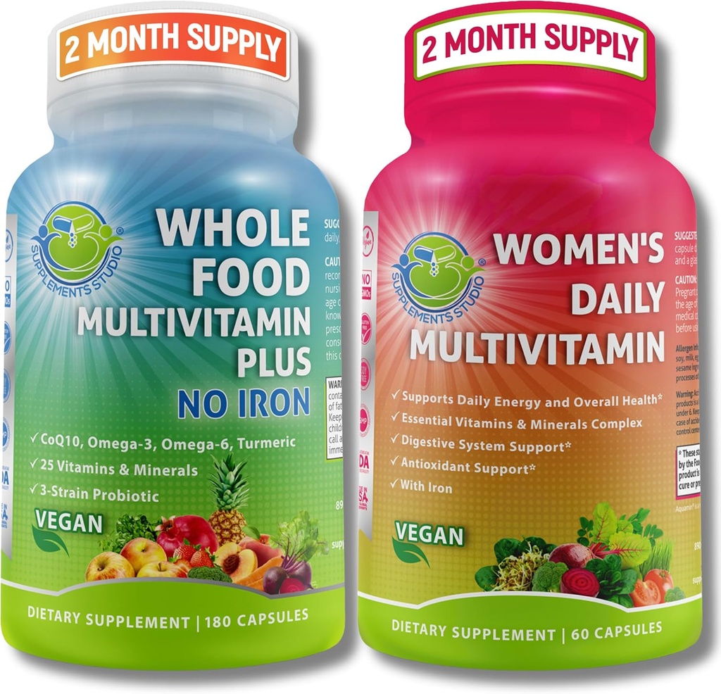STUDIO visaptverošais sieviešu multi-System atbalsts Duo – Vesela pārtika Multivitamīnu bez dzelzs + sieviešu dienas multivitamīnu ar dzelzi – vegan, ne-GMO, tīra ikdienas labsajūtu atbalsts