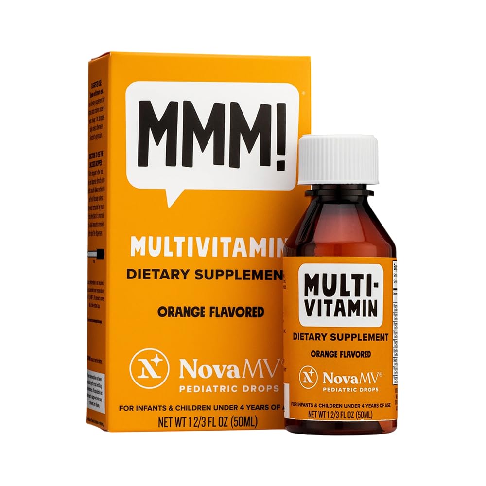 NovaFerrum MMM ; multivitamīni bērniem, zīdaiņiem un bērniem ; C vitamīns, D3, E; bez glutēna; bez cukura; bez mākslīgām krāsām; 4 gadi; ar apelsīnu uzlējumu; 2 Fl Oz (50 ml)