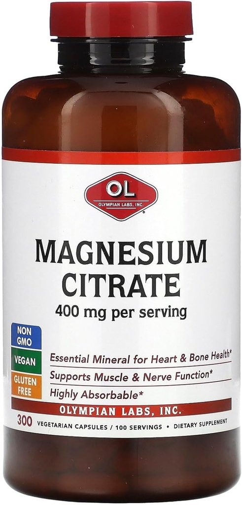 Olympian Labs Magnija citrāts 400mg - 300 Kapsulas - Viegli absorbējamas, atbalstot veselīgus kaulus, veselīgu sirdi un kalcija uzsūkšanos