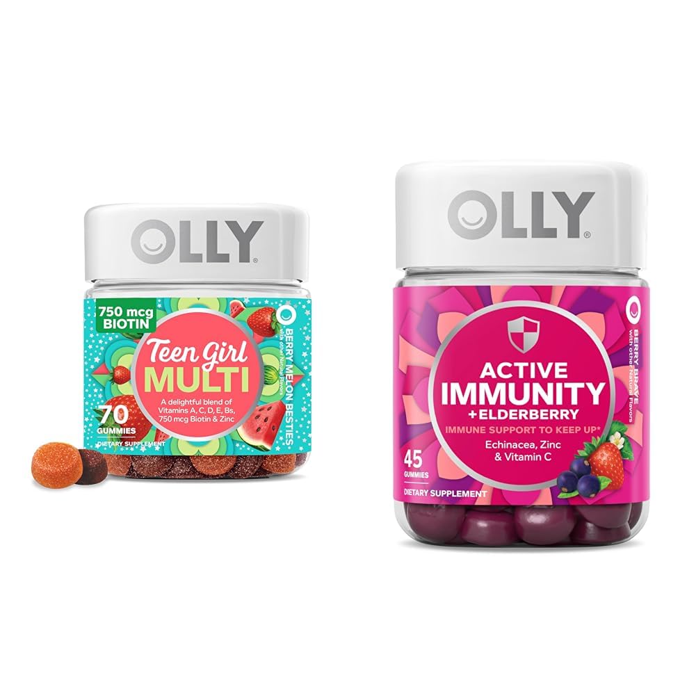 OLLY Teen Girl Multi Gummy, Veselīga āda un Imūnsupport, 15 Essential Vitamīni, 70 Count Gummy Active Immunity+Elderberry, 45 Gummies, Berry Flavor