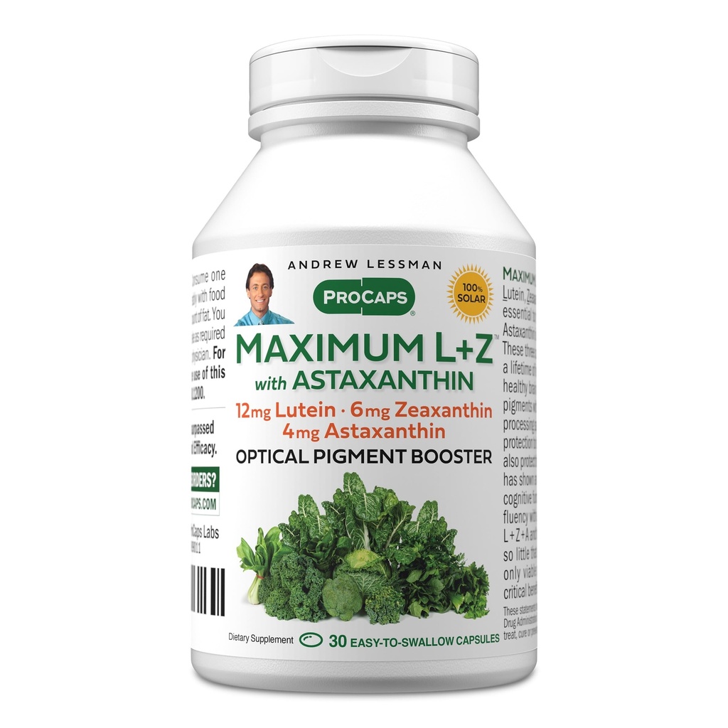 ANDREW LESSMAN Maksimums L+Z ar astaksantīnu 30 Softgels - 12 mg luteīna, 6 mg Zeaksantīna, 4 mg astaksantīna. Galvenie uzturvielas, lai atbalstītu acu un smadzeņu veselību, un veicināt veselīgu redzējumu.