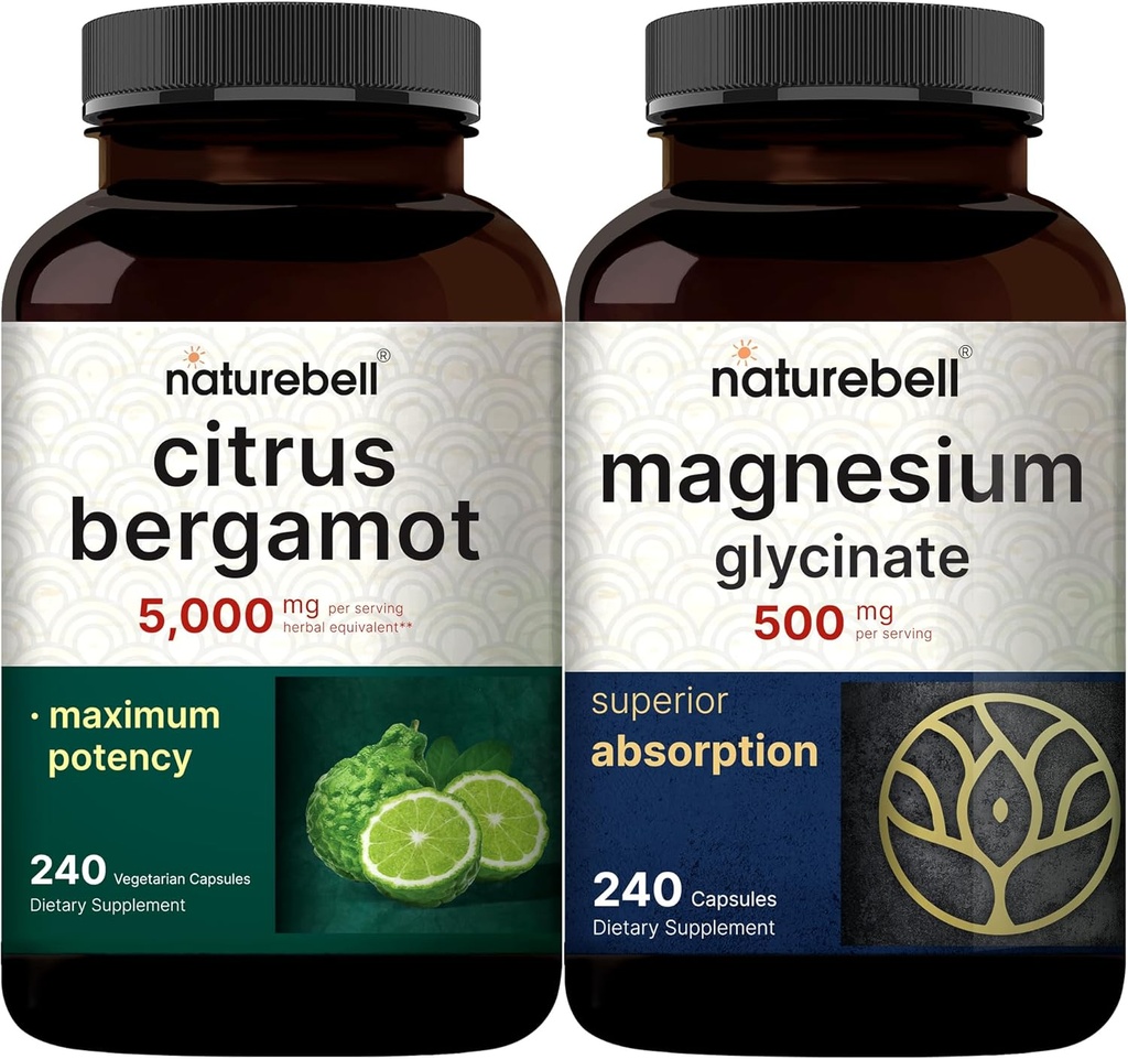 NatureBell Magnija glikolāta kapsulas 500mg un Citrus Bergamot Veggie kapsulas 5000 mg ekvivalents paciņas iepakojums