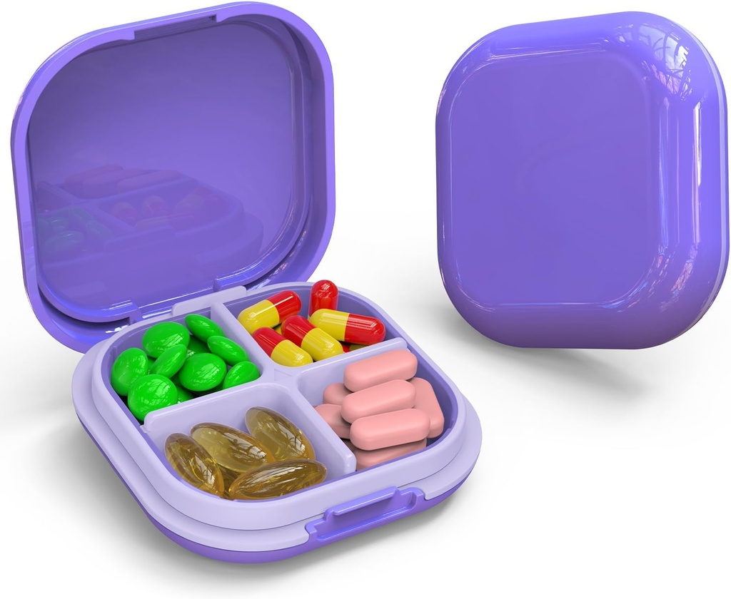 Daily Pill organizētājs 4 iecirkņi, Small Pill Box Portable Travel Pill Case, Mini Pill Konteiners Purse Pocket, Compact Travel Medicine Organizators vitamīnu, Cod aknu eļļa, Papildinājums (Purple)