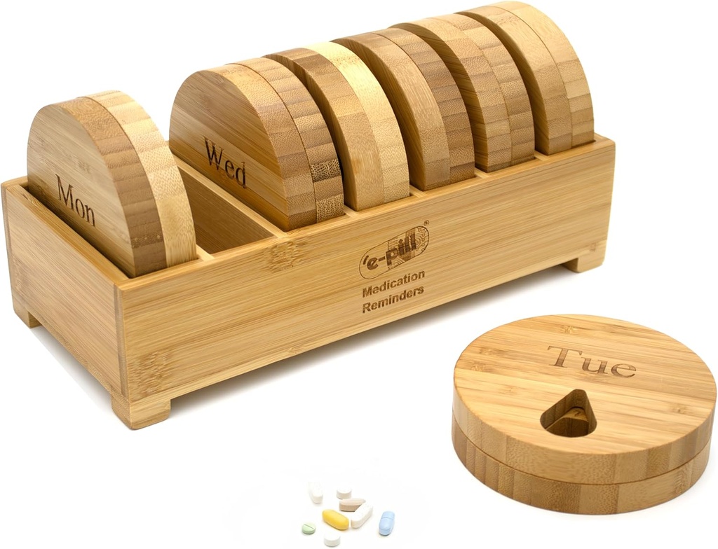E-pill Bamboo Weekly Pill organizators, 7 dienu tabletes kaste tabletēm, vitamīniem vai uztura bagātinātājiem