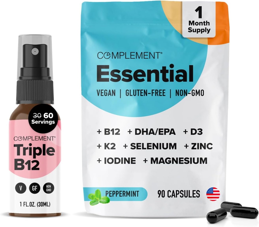 Papildinājums Essential Vegan Multivitamīnu & Triple B12 Spray Bandle – visaptverošs uztura atbalsts augu bāzes diētām