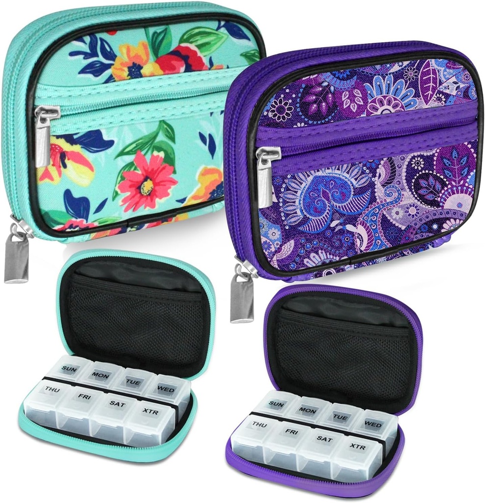 Serfeymi Weekly Travel Pill Organizatora Pill Case Purse with Removable 7 Day Pill Box, Modes Travel Medicine Organizators Pill Konteiners medicīnai, Vitamīnu, Papildinājums - Green 01 + Purple 01