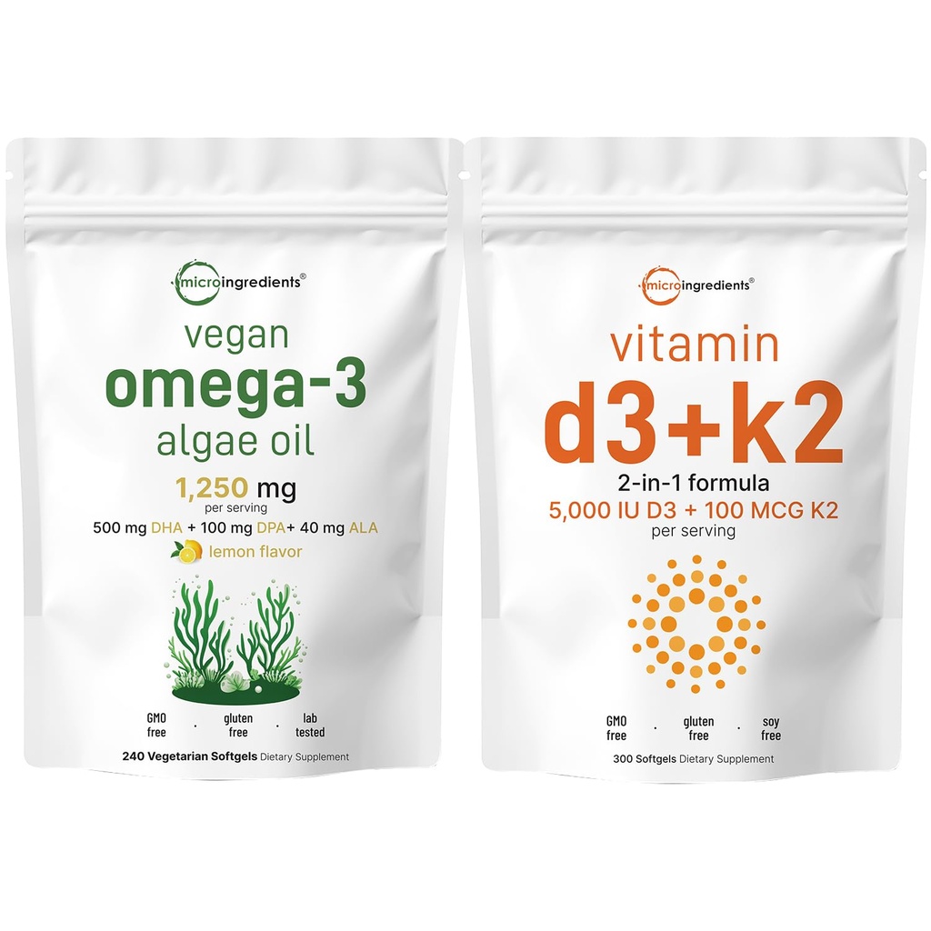 Micro Ingredients D3 vitamīns 5000iu + K2 100mcg Softgels & Vegan Omega 3 Aļģu eļļa Papildinājums Bundle 2 Iepakojums • Essential Sunshine Vitamīni