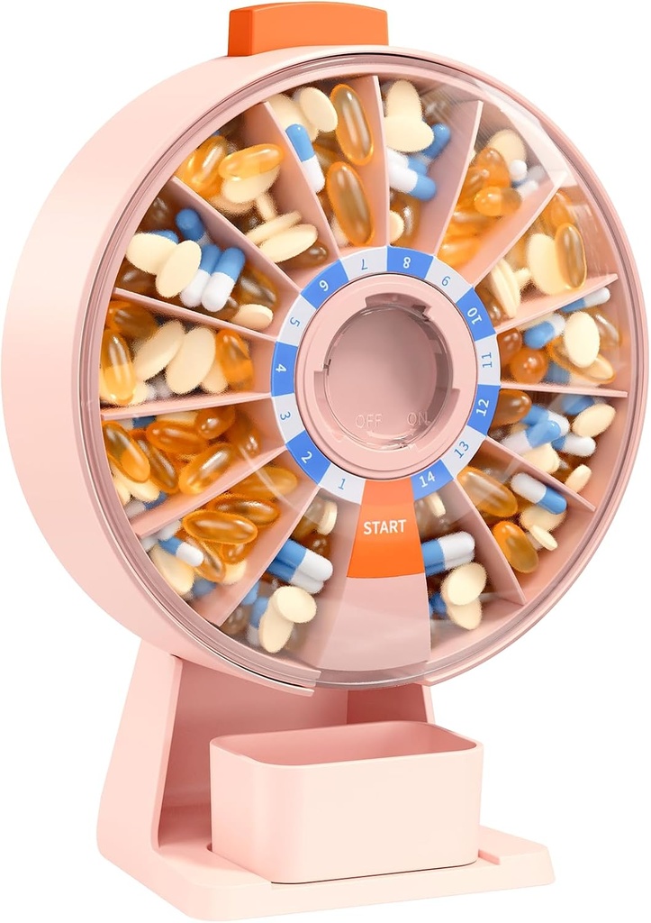 Daviky Pill Dispenser Daily, Large Pill organizētājs ar Wall-Mounted vai pastāvīgu lietošanu, 14 dienas Pill Konteiners, Push Potton Design, Weekly Pill kaste vitamīnu, medicīnas, Supplement, Zivju eļļa (Rozā)