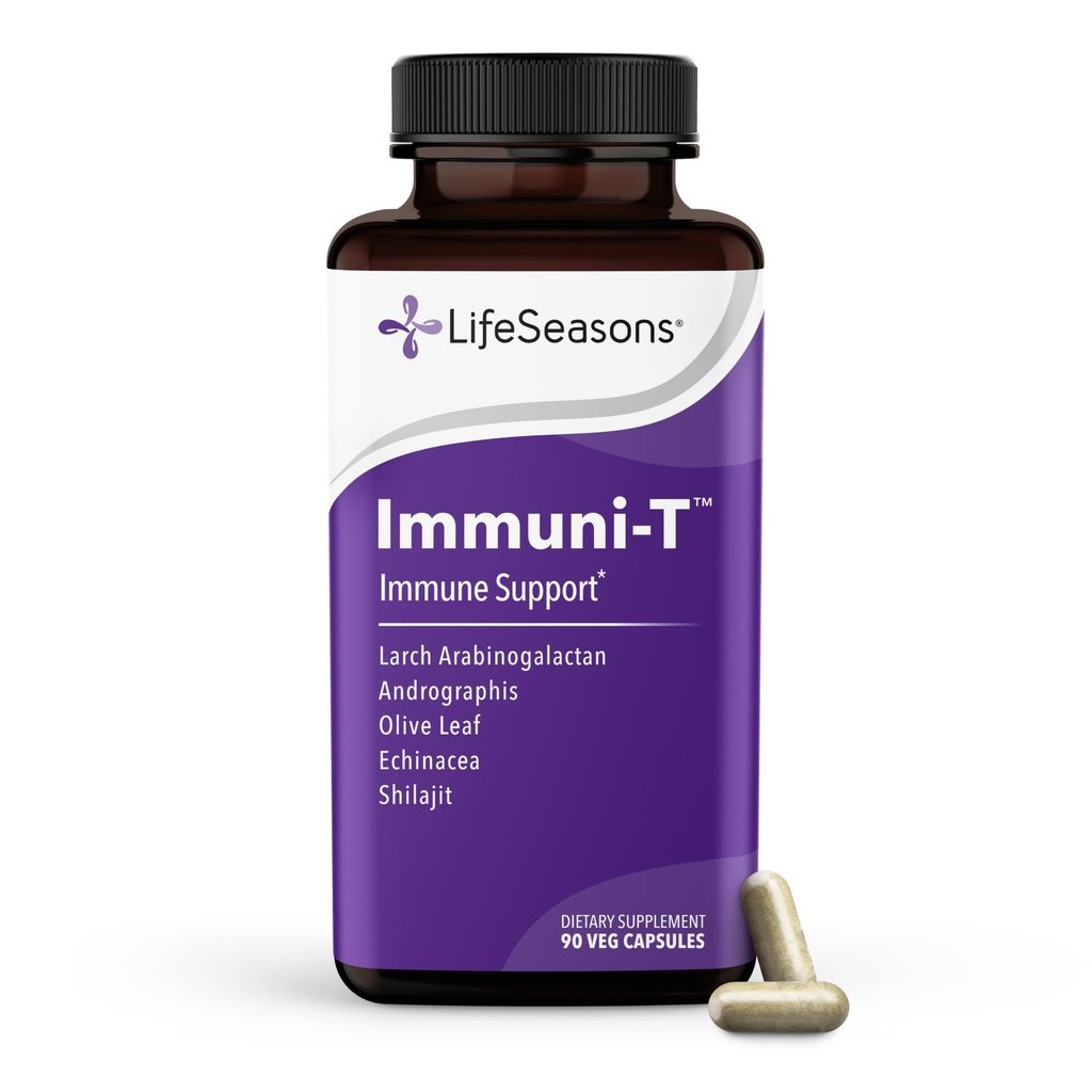 LifeSeasons Immuni-T - Imūnsupporta papildinājums - Immunity System Booster - Dabiskā Aukstuma un gripas mazināšana - Plūškoka ogas, Ehinācija, Andrographis, Arabinogalaktāni un olīvlapas - 90 kapsulas
