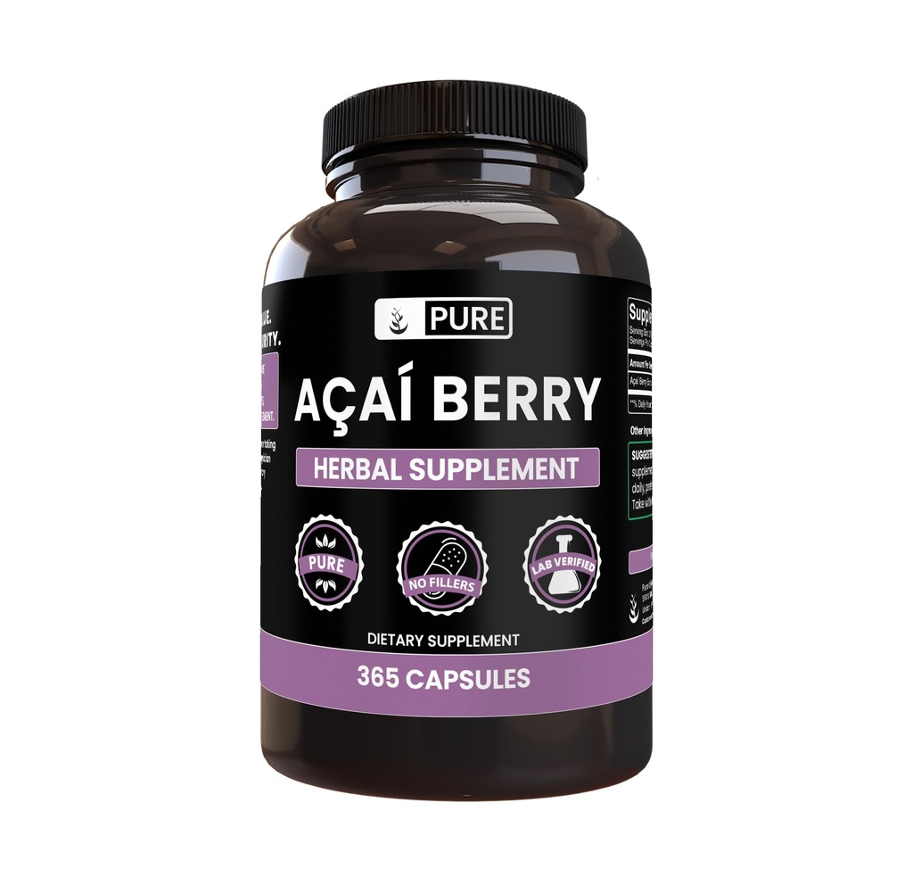 PURE ORIĢINĀLIE SASTĀVDAĻI Acai Berry (365 kapsulas) Nē Magnija vai rīsu pildījumi, Vienmēr tīri, Lab Verified