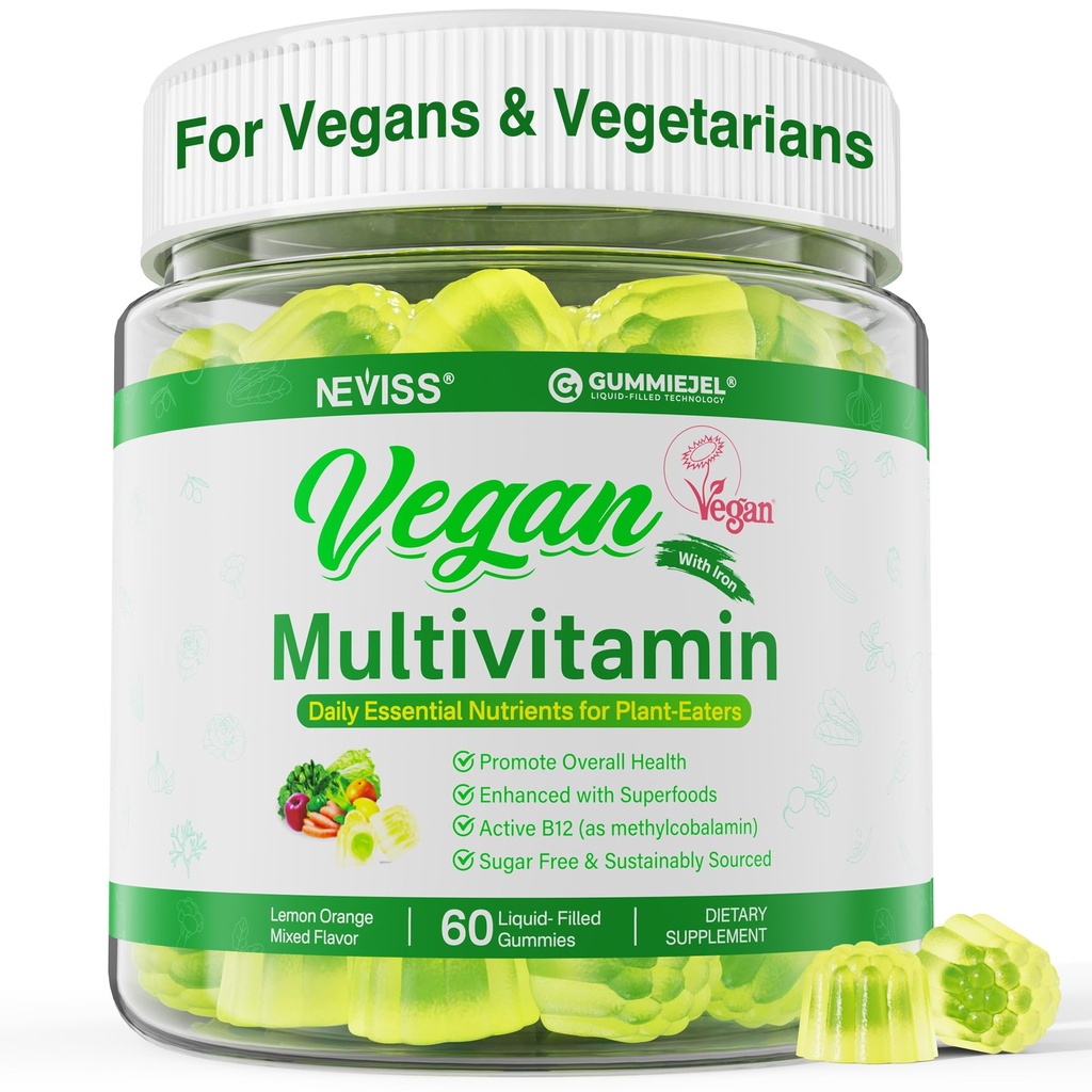 NEVISS Vegan Multivitamīni sievietēm un vīriešiem w/metil-B12, D3 K2, Omega 3 augu bāzes (DHA+EPA), dzelzs, holīns, cinks, Vesela pārtika Vitamīni dienā Veganiem un veģetāriešiem, bez cukura, 60Cts