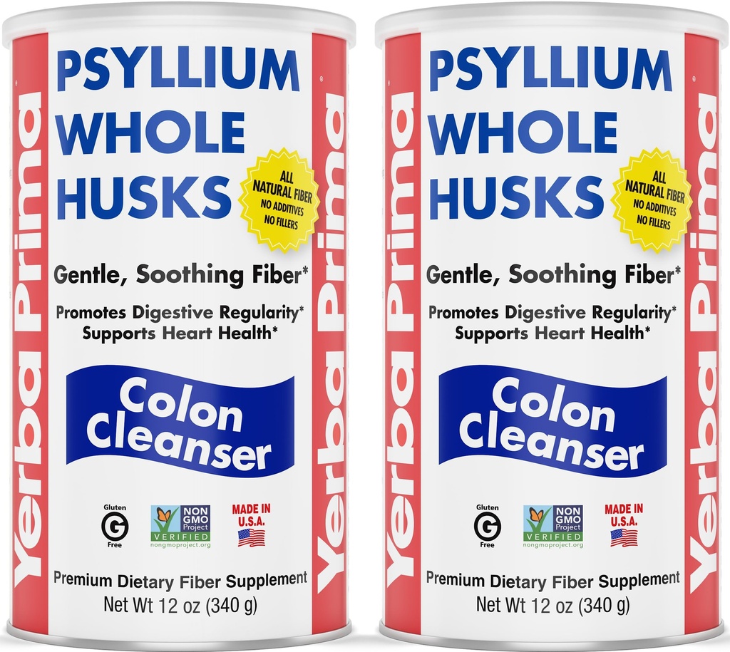 Yerba Prima Psyllium Vesels Husks, Colon Cleanser 12 oz (iepakojums no 2) - visu dabisko Diētiskā Fiber, Pure Premium Psyllium, Lab-Tested Non-GMO, Gluten-Fiber, ražots ASV