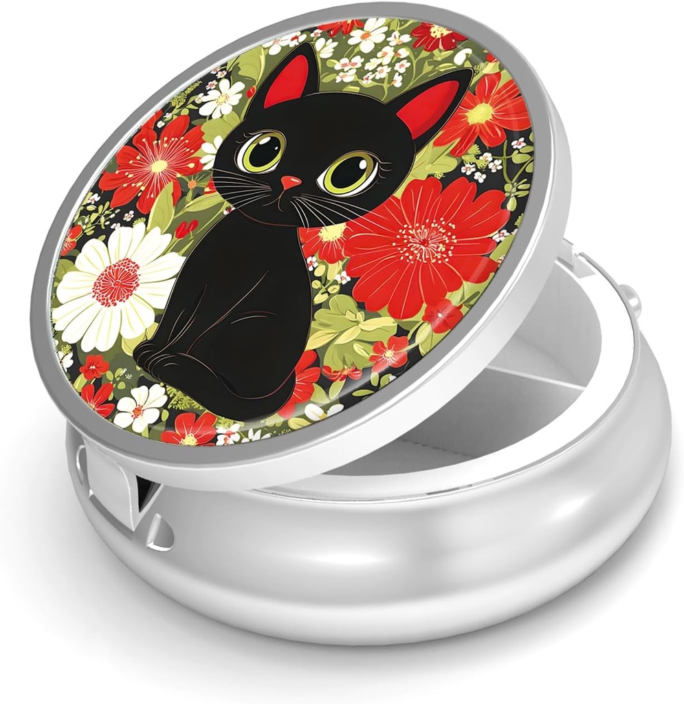 Pill Box-3 iecirknis Mazs Pill Case Purse & Pocket Mini Metāla Pill Turētājs Travel Pill Konteiners turēt piedevas Vitamīnus BPA-free (Cute Cat)
