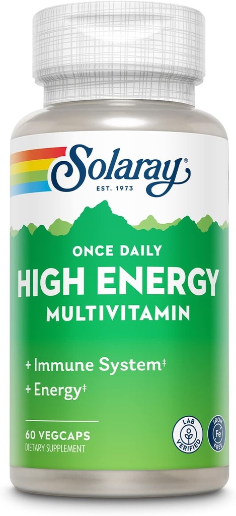 SOLARAY Vienreiz dienā augstas enerģijas multivitamīnu, bez dzelzs, imūnās sistēmas un enerģijas atbalsts, visa pārtika un augu bāzes sastāvdaļas, vīriešu un sieviešu Multi vitamīns, 60 Servējumi, 60 VegCaps