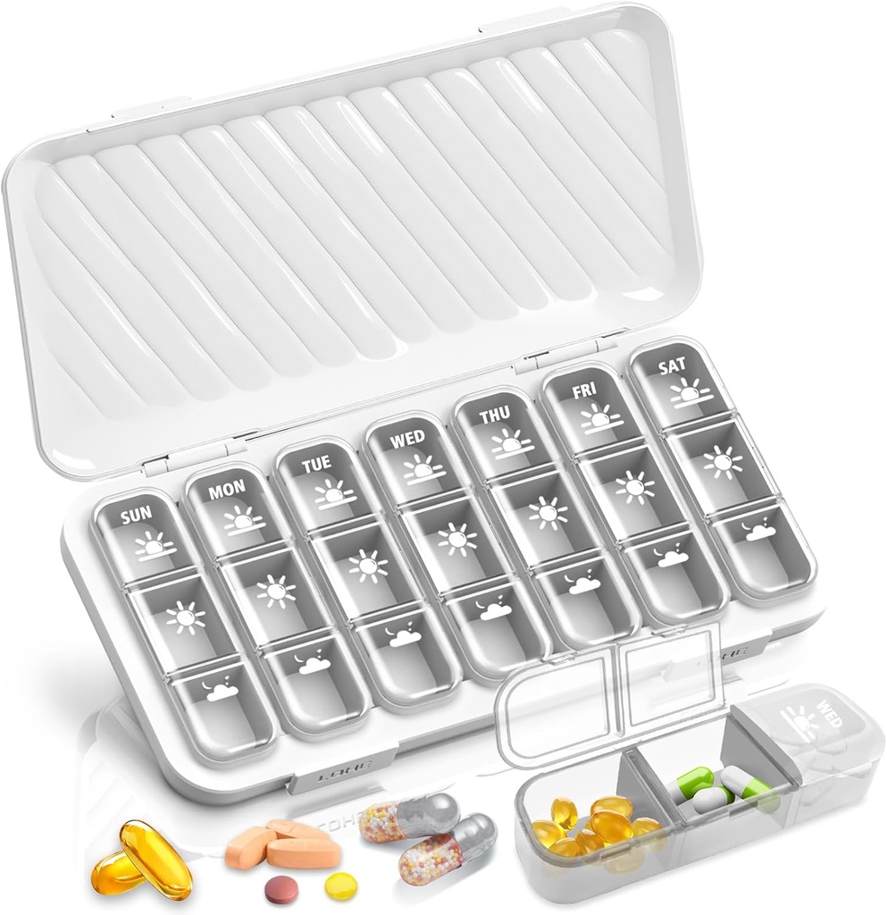 GloDeals Weekly Pill organizētājs - liels 7 dienas Medicīna organizētājs, 3 reizes diena, White