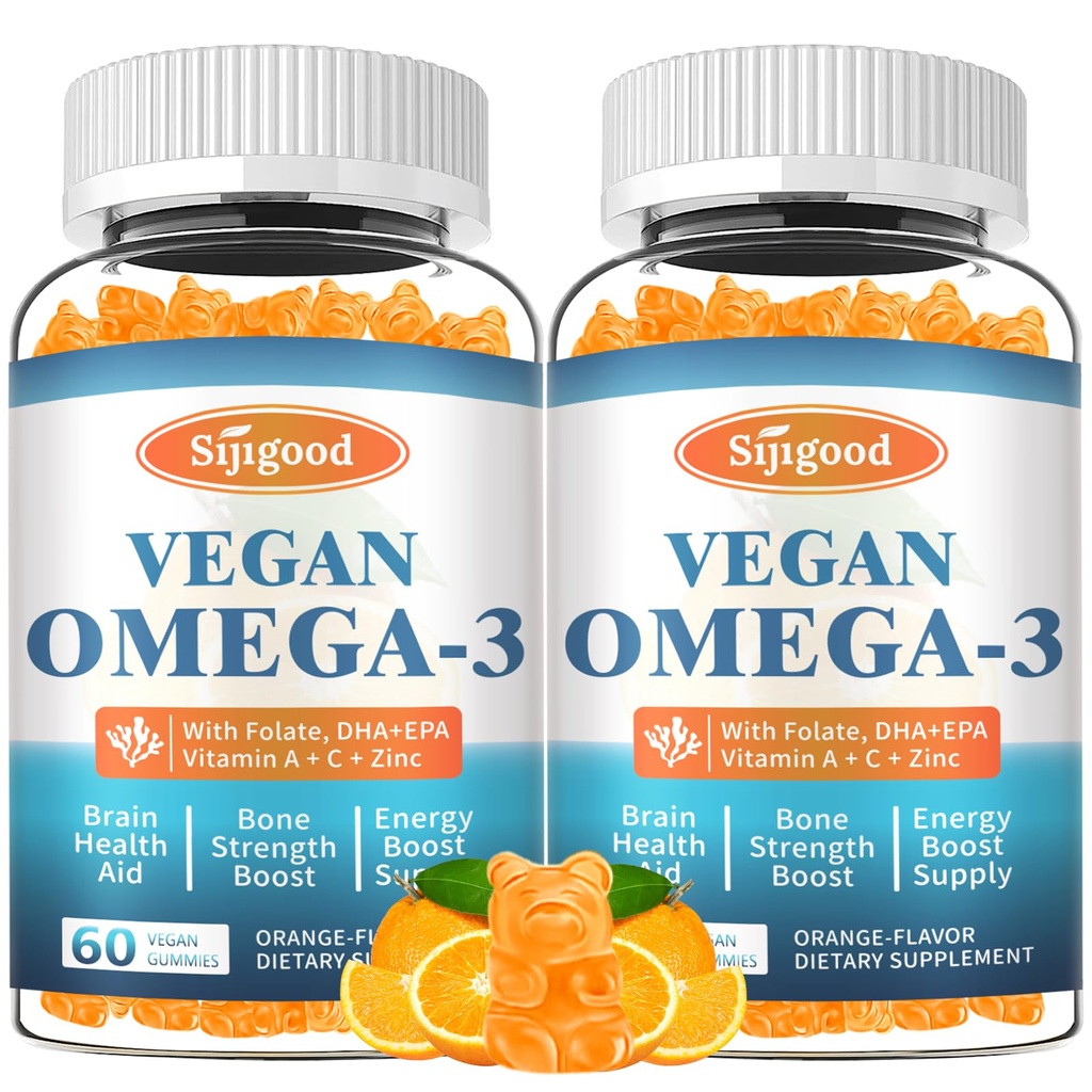 2 Iepakojums Omega-3 Gumijas Spēcīgs Aļģes Omega Avots, Smadzeņu pastiprināts, Acu un imūnās funkcijas, ar DHA un EPA Vegan un bez cukura, Orange Flavor, 120 Count