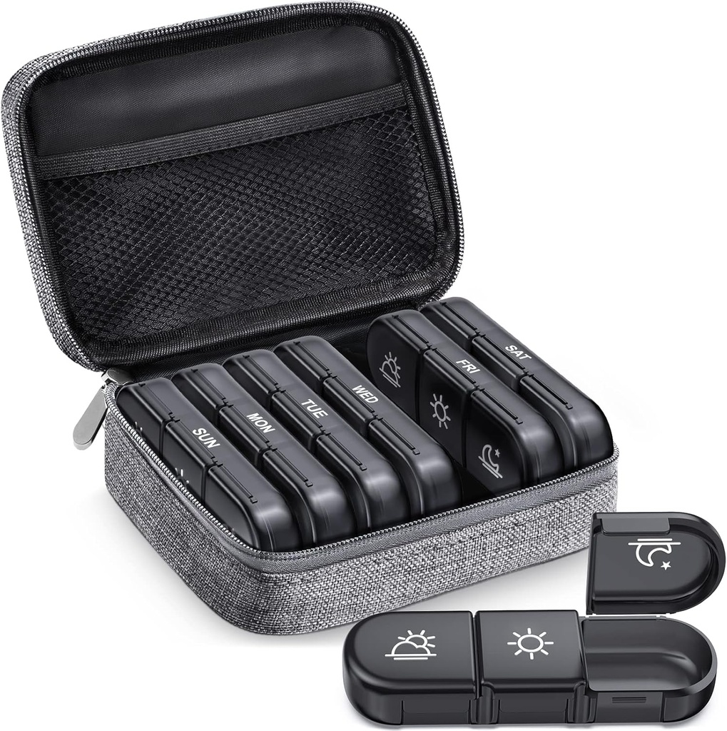 ZIKEE Liels nedēļas plātņu gadījums Organizators 3 reizes dienā, Pārnēsājams gaismas pierādījums Canvas Bag Pill Box 7 diena, lai aizsargātu savu privātumu un uzglabāt zāles, vitamīns, zivju eļļa, papildinājums (grey)