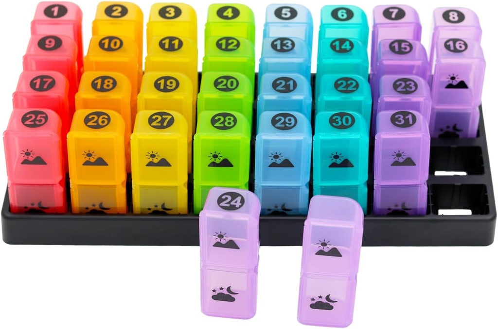 Ikmēneša Pill organizētājs 2 reizes dienā, viens mēnesis Pill Box AM PM, 31 diena Pill lieta Divas reizes dienā, lai tur vitamīnu un ceļojumu medicīnas organizētājs, 30 diena Pill organizētājs, 4 nedēļas Pill lietas