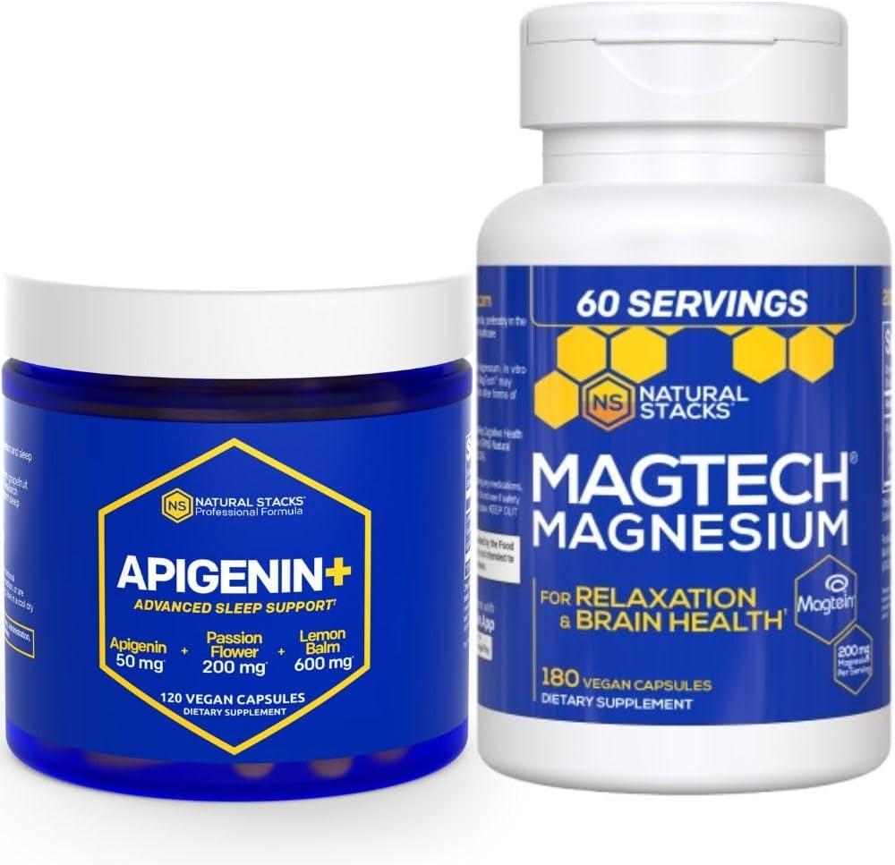 NATURAL STACKS Apigenin miegam + Magtech Magnija papildpastiprinājums Bundle - Atbalsta Miega un smadzeņu veselību* - 300 Kopā Kapsulas