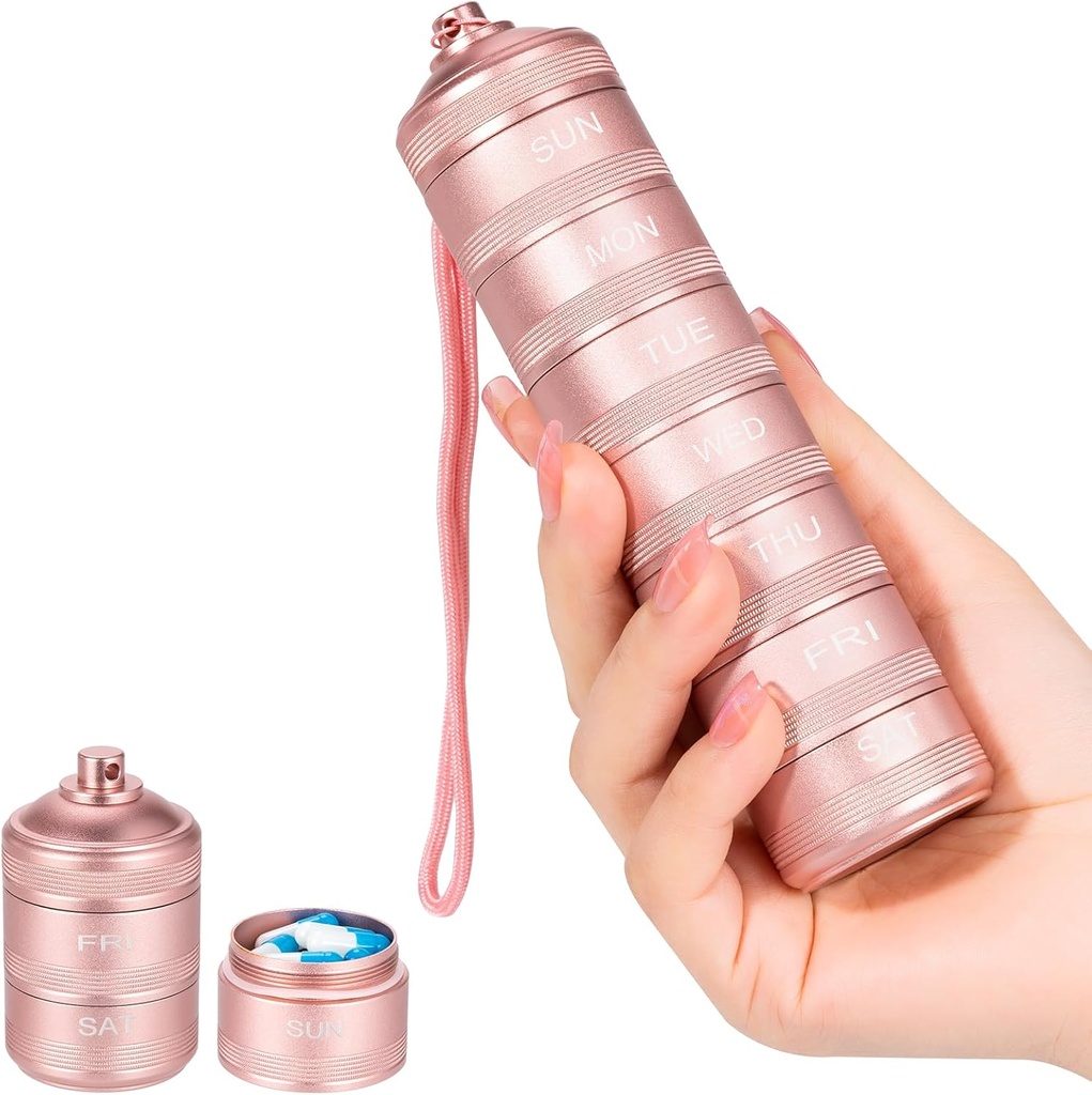 7 Day Metal Pill organizators - Ūdensnecaurlaidīgs Travel Vitamīnu kaste Pill Box, Daily Pill Container 7 Iedalījumi, Weekly Pill Containers for Medicine Papildinājumi Zivju eļļa, rozā