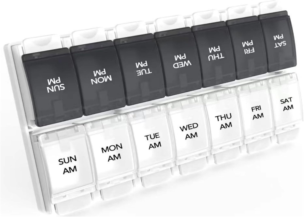 Sukuos AM Weekly 7 Day Pill organizators, 2 reizes Diena Pill kaste ar Arthritis Friendly Push Poga, Medicīna Kastes vitamīnu / zivju eļļas / uztura, Viegli tīrāms (melns un balts)