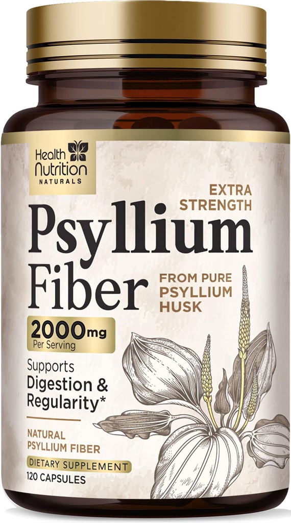 Psyllium Husk Capsules 1500 mg - Dabīgs Fiber papildinājums Tabletes, Dienas Gremošanas, Colon Health, & Regularity Support, Augu bāzes Psyllium Husks Pulveris Caps, Vegan, Non-GMO - 120 Veggie Kapsulas