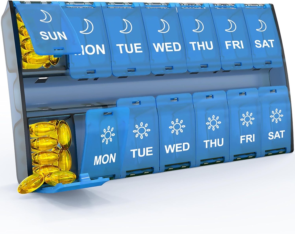 XL Large Weekly Pill Organizators 2 reizes diena, Hinged Lids Daily Vitamīnu Pill Box turētājs Am Pm, Big Pill konteineru 7 diena, Medikamentu organizētājs divreiz dienā, Medicīna Organizators Papildinājums