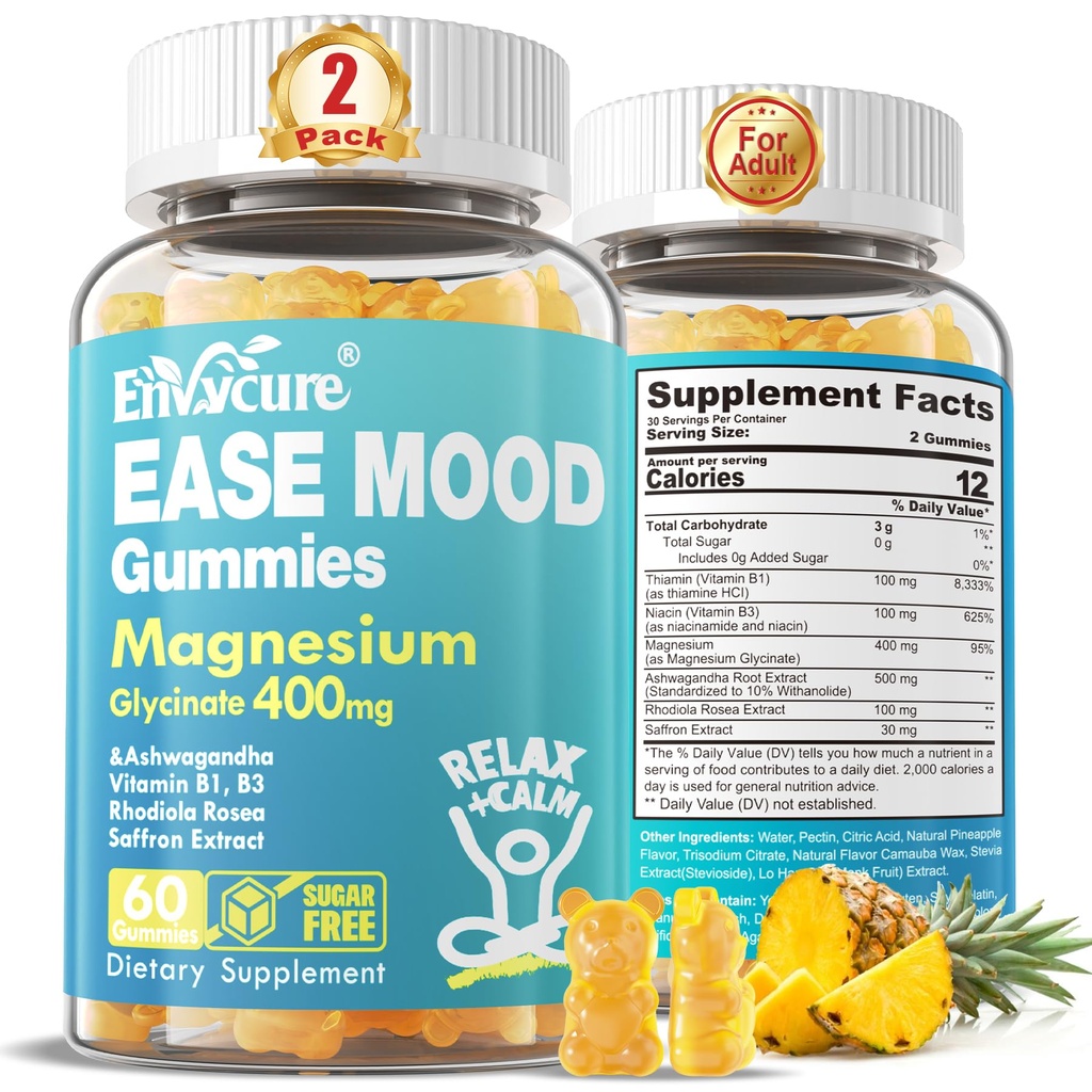 Bezcukura magnijs Glycinate Gummies 400mg ar Ashwagandha, B1, B3, Rhodiola Rosea & Saffron atbalstam Atpūta, Mood & Calm Magnija Gumies pieaugušajiem, košļājamā magnija papildinājums, Vegan, 120Ct