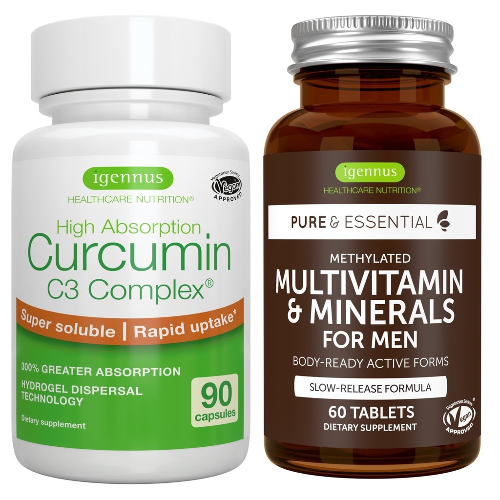 Multivitamīni un minerālvielas vīriešiem + augsta absorbcija Kurkumīna C3 komplekss, vegana paka, ilgstošas iedarbības uzlaboti multivitamīni + 300% lielāka absorbcija Kurkuminoīdi ar ātru uzņemšanu, ko veic Igennus