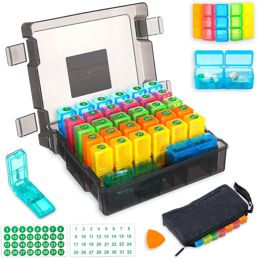 Ikmēneša Pill organizētājs 2 Reizi dienā ar 31 dienu mitruma necaurlaidīga kaste, Weekly Pill Bag, Pill Cutter, Plastmasas atvēršanas Pick vieglai lietošanai, liela jauda ērtai zāļu pārvaldībai (melns)